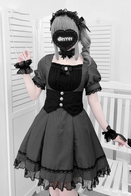 Slate Short Sleeve Ruffle Bow Cross Waist Maid Sweet Japanese Dress Set