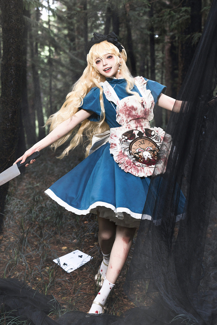 Blue Gothic Lolita Dress with Long Sleeves and Ruffles