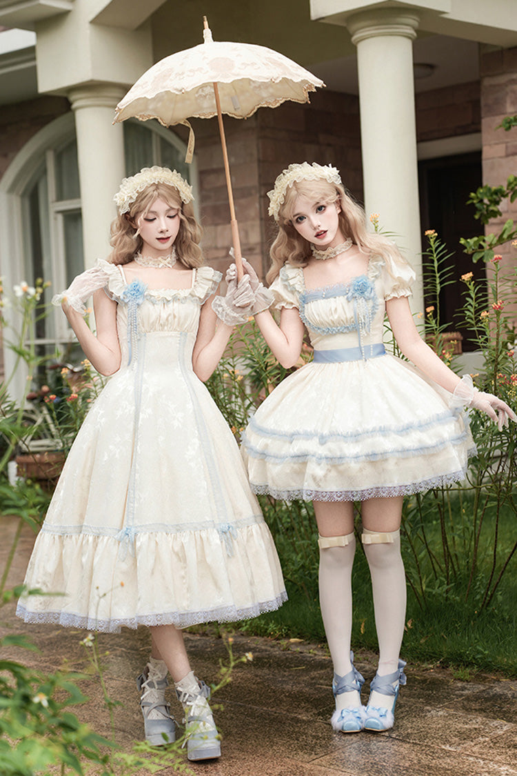 Ivory Square Collar Flutter Sleeve Ruffle Fishbone Sweet Long Jumper - Sea Salt Iced Tea