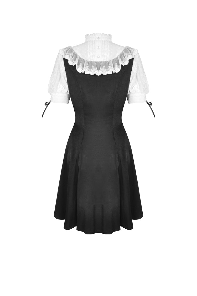 Black/White Stand Collar Short Sleeves Ruffled Women's Sweet Gothic Lolita Doll Midi Dress