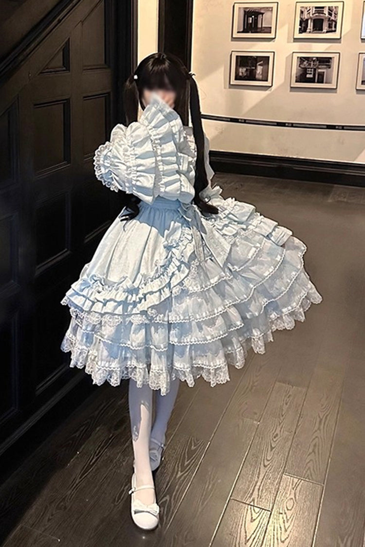 Soloist Doll Long Hime Sleeve Layered Print Ruffle Asymmetric Sweet Lolita Dress