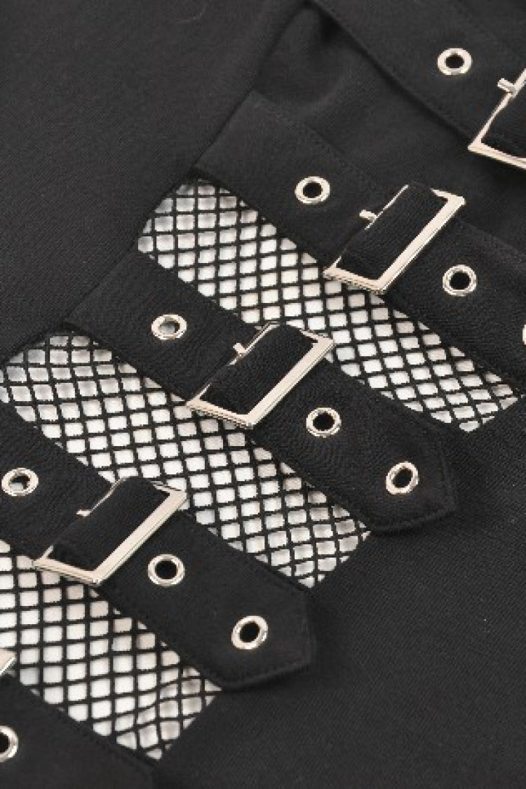 Long-Sleeve Punk Top with Buckled Straps and Mesh Panels