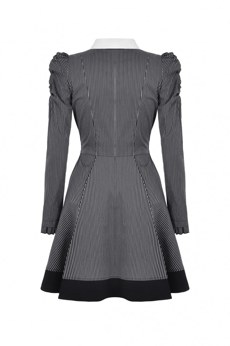 Black/White Notch Collar Puff Sleeve Gothic Striped Preppy Dress