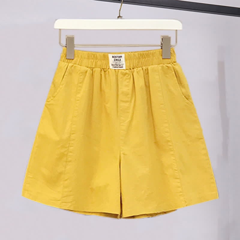 Colorblock Print V-neck T-Shirt Elastic Yellow Shorts Set