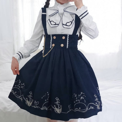 Sailor Collar Shirt Cartoon Dolphin Print Suspender Skirt