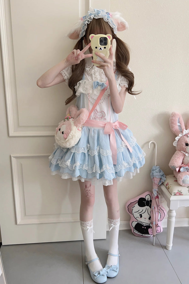 Blue Sleeveless Double Layer Ruffle Rabbit Embroidery Bow Lace Sweet Jsk