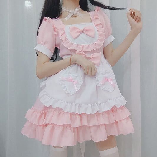 Pink Lolita Love Heart Bow Knot Ruffled Maid Dress