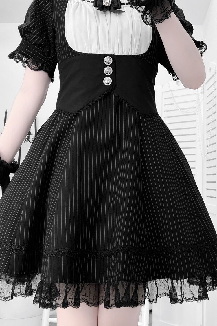 Monochrome Striped Short Sleeve Ruffle Bow Cross Waist Maid Sweet Japanese Dress Set
