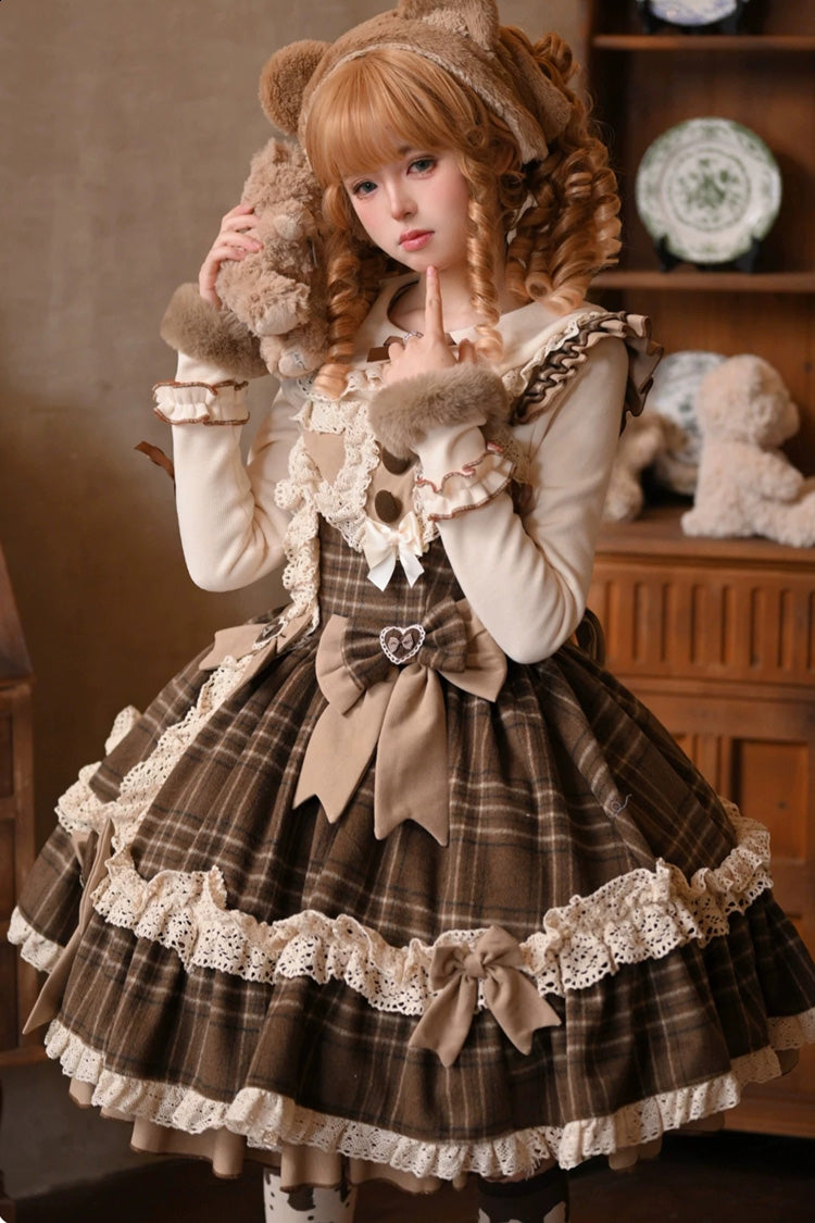 Brown [Chocolate Chestnut] Sleeveless Printed Ruffled Bow Sweet Lolita Jsk Dress
