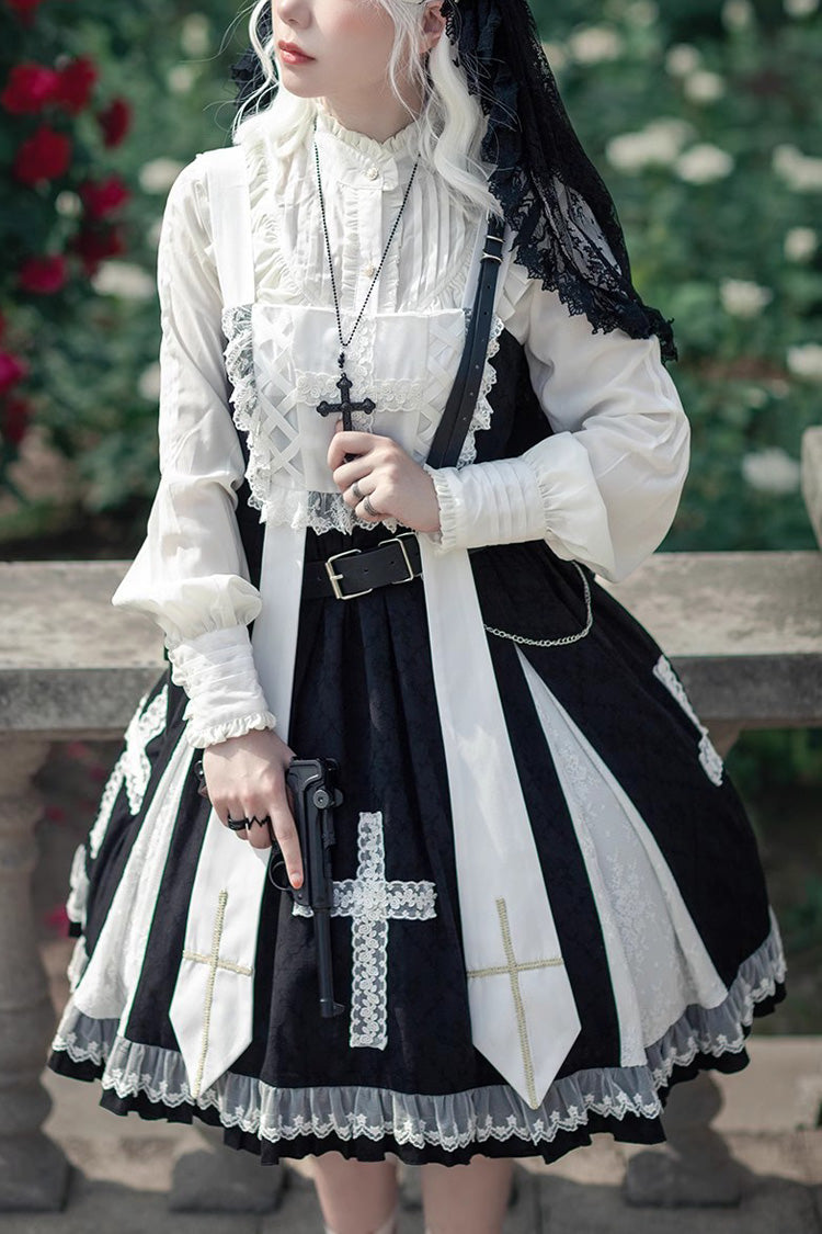 Black Gothic Lolita Dress with Cross Print and Ruffled Sleeveless