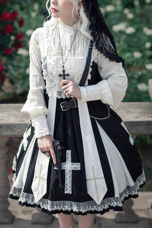 Black Gothic Lolita Dress with Cross Print and Ruffled Sleeveless