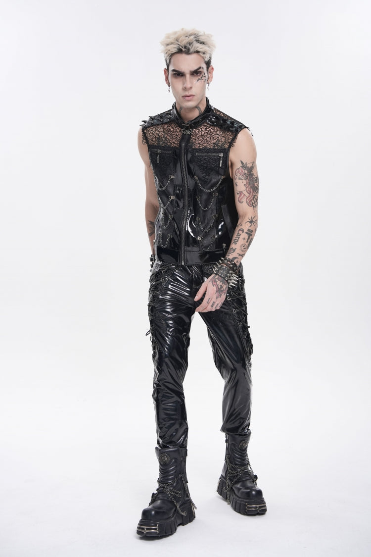 Noir Punk Vest with Chains, Studs, and Mesh Accents