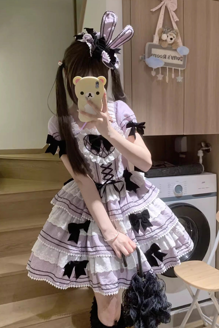 Triple Layer Short Sleeve Striped Ruffle Bow Lace Sweet Jsk