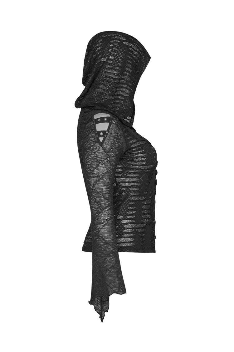 Plus Size Punk T-Shirt for Women in Black with Lace-Up Chest, Flare Sleeves & Distressed Knit Hood