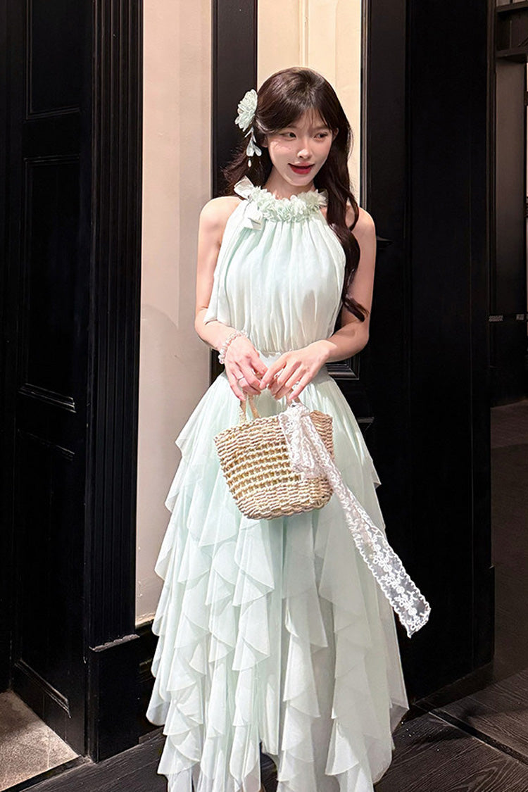 Light Green [Mist Bell] Halterneck Sleeveless Multi-Layered Ruffled Irregular Sweet Lolita Dress