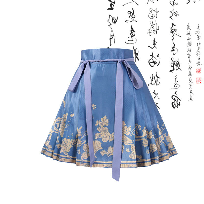 Vintage Buckle Shirt Blue Lace-up Pleated Skirt