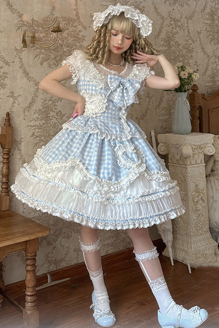 Tea Break Sweetheart Short Sleeve Plaid Print Ruffle Sweet Lolita Gown