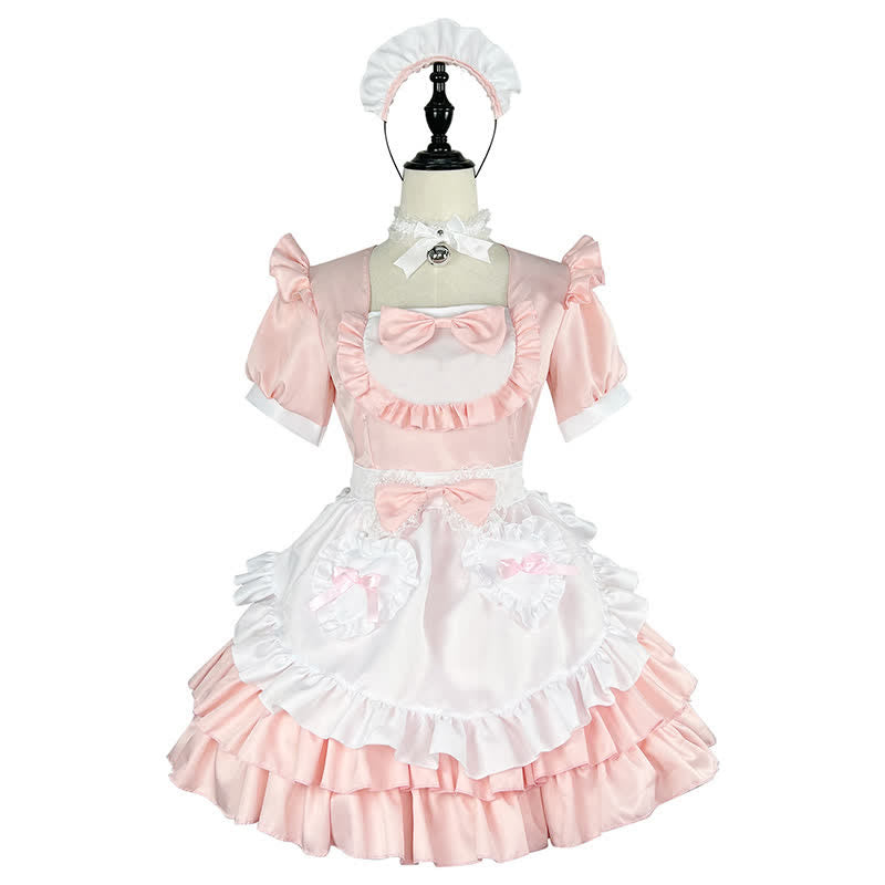 Pink Lolita Love Heart Bow Knot Ruffled Maid Dress