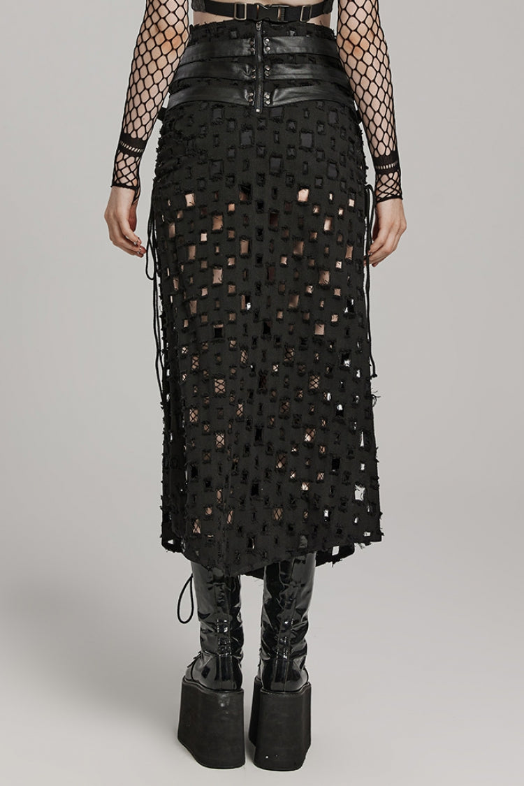 Steampunk Skirt with Cross-Taped Stitching, Lace-Up & Ripped Cutout Details