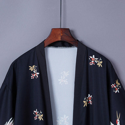 Vintage Black Crane Long Cardigan Kimono Outerwear