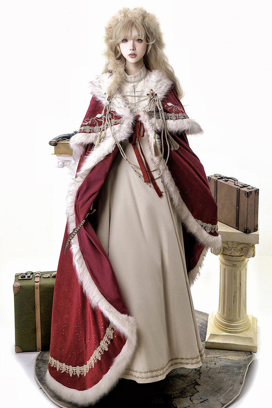 Crimson Royal Coronation Embroidered Luxurious European Court Lolita Dress with Cape Set