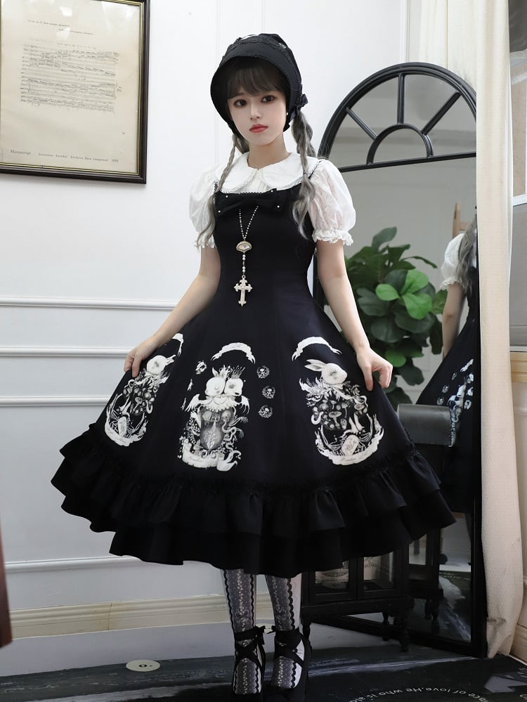 Dark Black Dress Print Waist Gothic Slim Fit Bunny Lolita