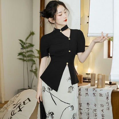 Irregular Hollow Out Top Rose Print Skirt Vintage Set