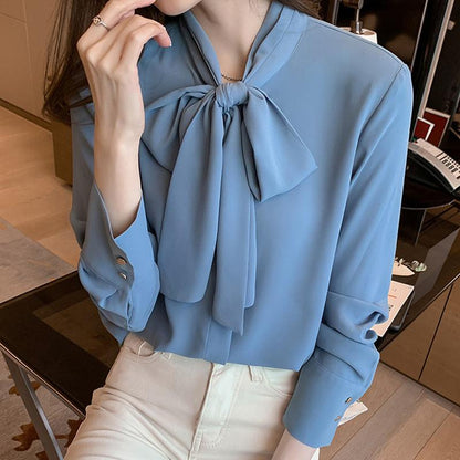 Elegant Stand-Up Collar Bow Loose Shirt