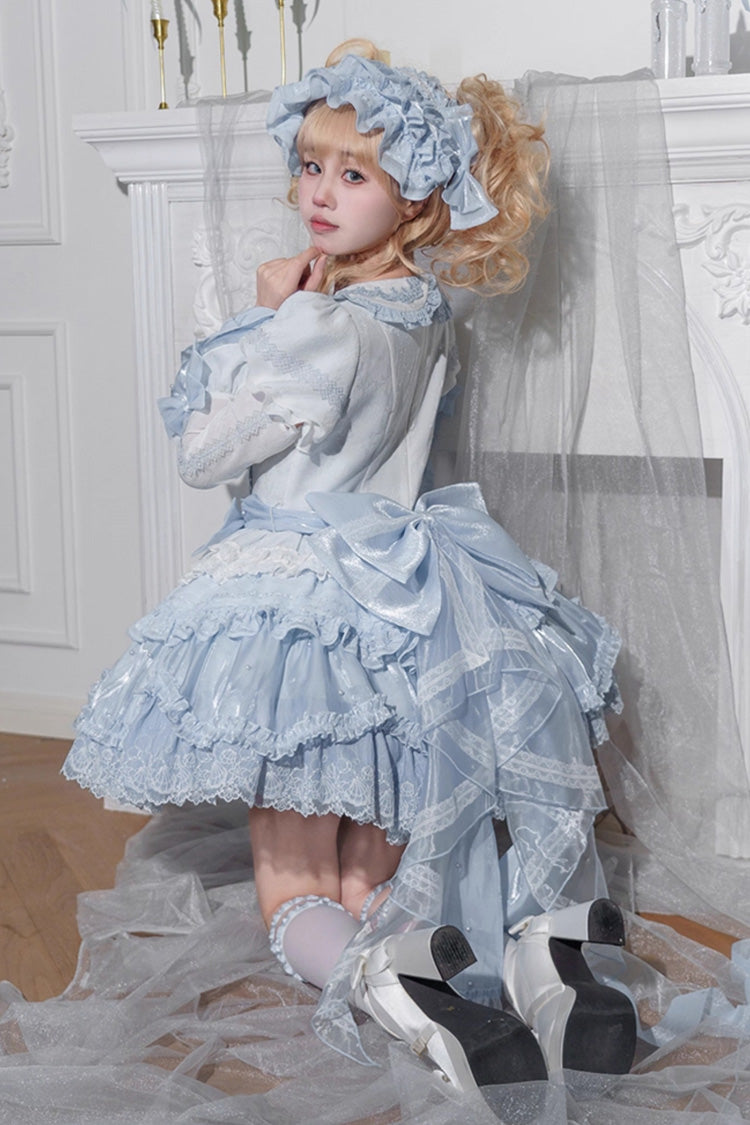 Whale Lapel Collar Short Sleeve Triple Ruffle Embroidered Sweet Lolita Dress