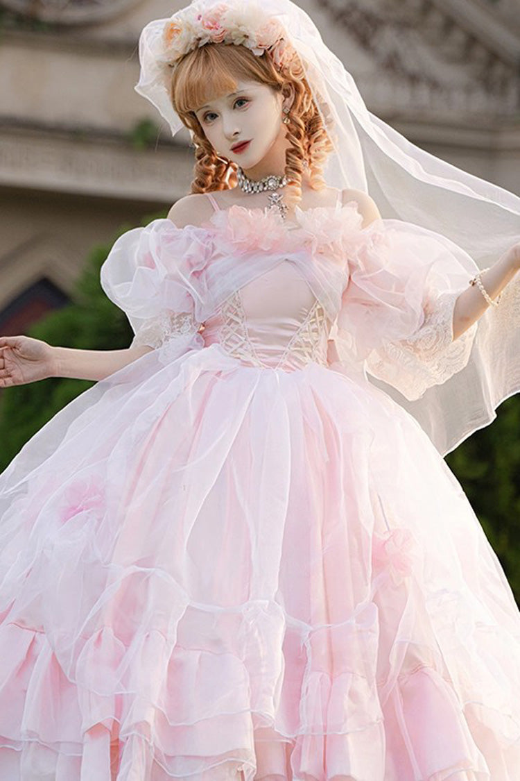 Off Shoulder Short Sleeve Multi-Layered Ruffled Hanayome Bow Lace Sweet Plus Size Lolita Dress - Pink