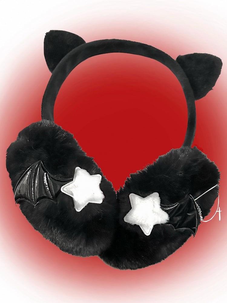 Black White Y2K Cat Ear Star Wing Plush Earmuffs