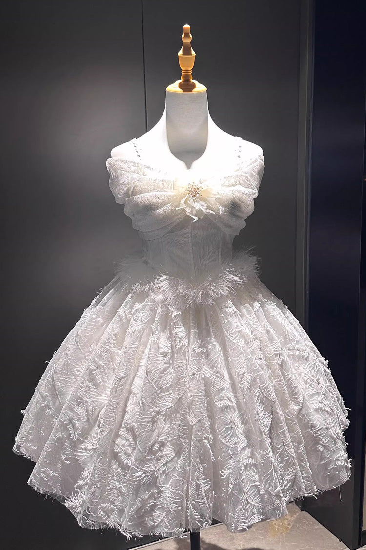White Off Shoulder Jacquard Embroidered Bow Gothic Lolita Jsk Short Dress - Moonlight