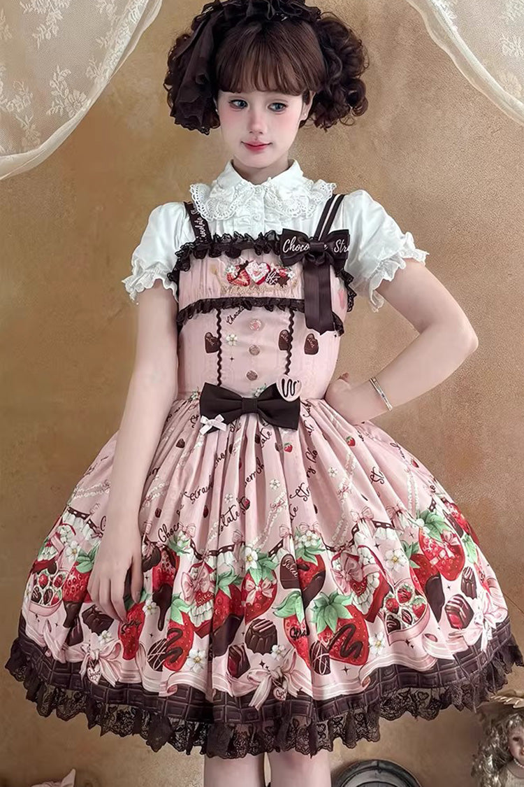 Sleeveless Printed Ruffled Embroidered Bow Lace Sweet Lolita Jsk Dress - Strawberry Chocolate Lover