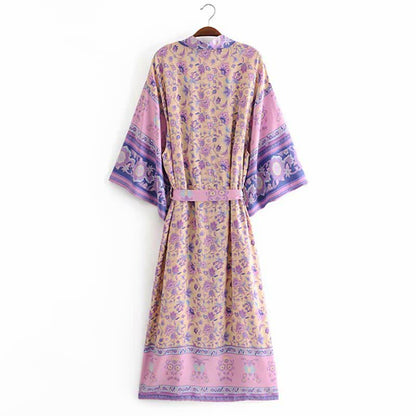 Pink Beach Flower Print Belt Robe Cardigan Outerwear