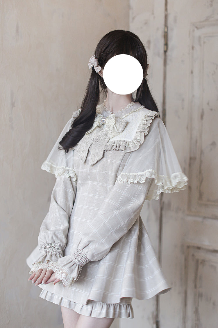 Light Brown Long Sleeve Plaid Print Ruffled Bow Jirai Kei Dress