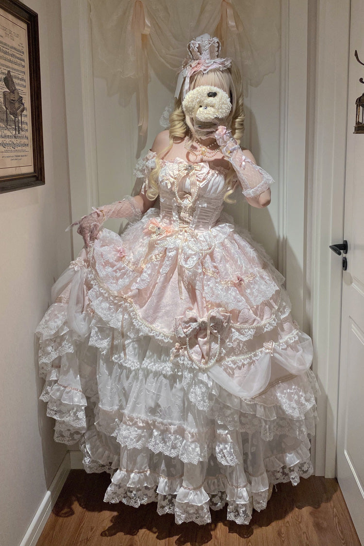 Pink [Anna’s Ball] Square Collar Ruffled Hanayome Bow Lace Sweet Princess Ballet Lolita Jsk Dress