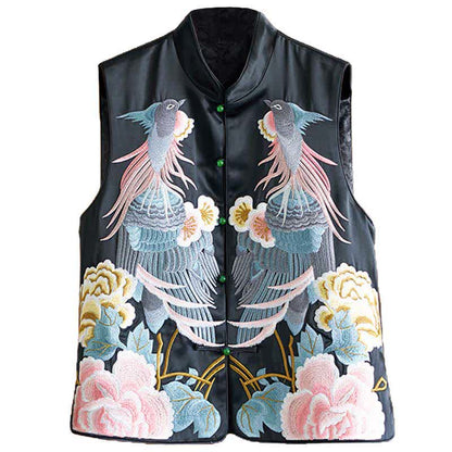 Floral Embroidery Buckle Sleeveless Satin Vest