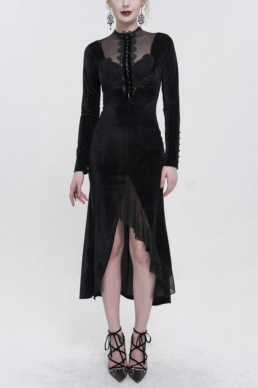 High Collar Paisley Lace Mesh Dress with Asymmetric Hem - Black Gothic