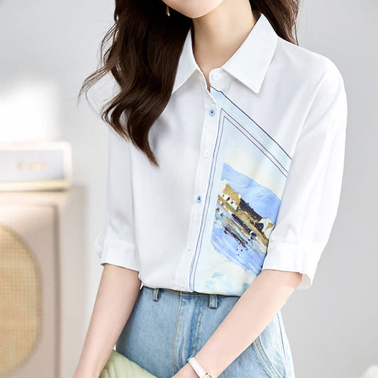 White Irregular Painting Print Chiffon Lapel Shirt