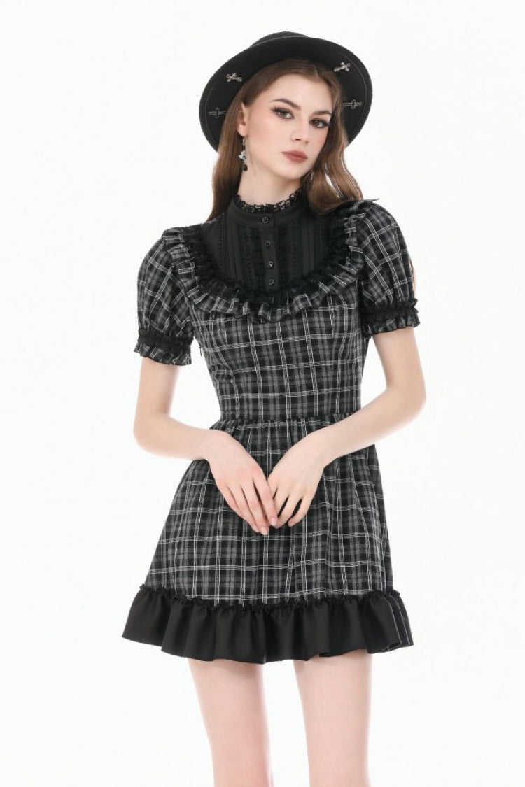 Monochrome Gothic Lolita Dress with Plaid, Stand Collar, and Lace-Up Front