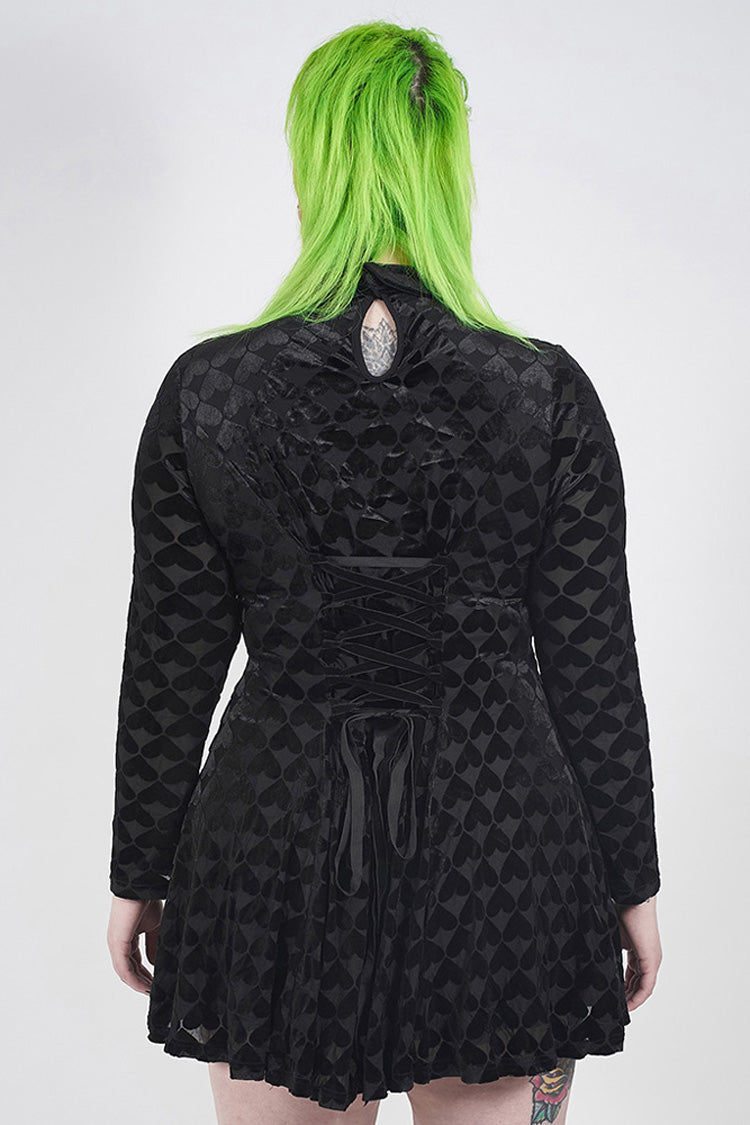 Plus Size Gothic Dress for Women in Black with Hollow-Out Decals, Long Sleeves & Velvet Print