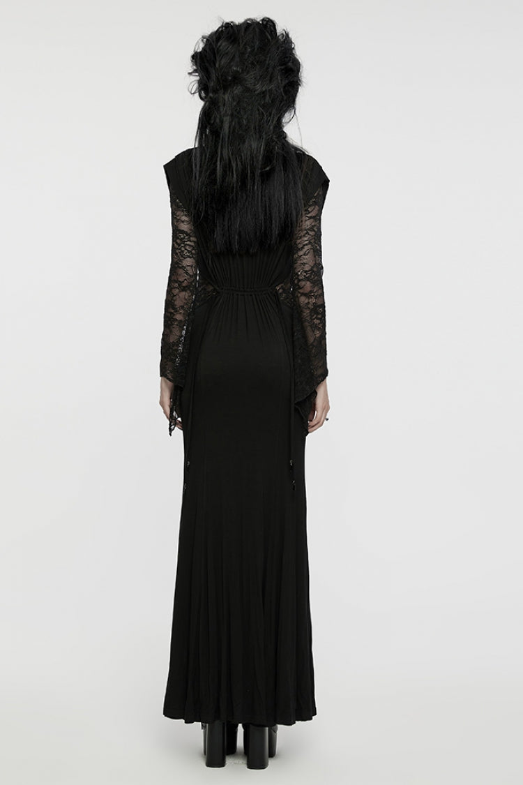 Black V-Neck Long Sleeves Stitching Lace Gothic Drawstring Honeymoon Gown