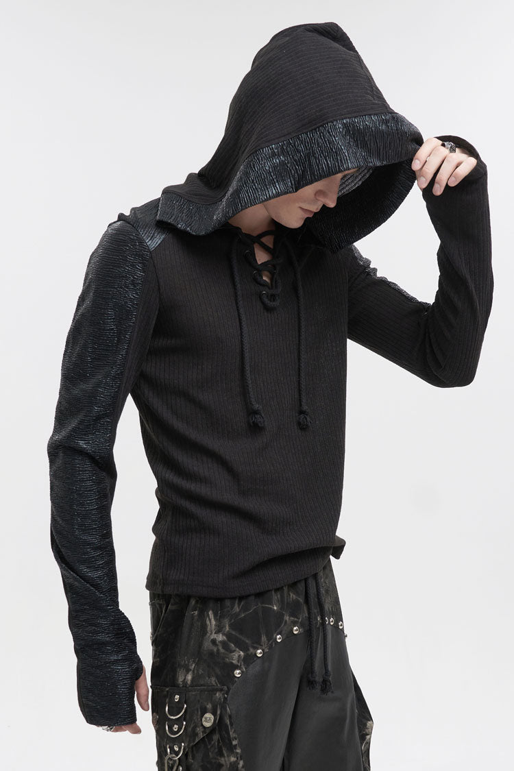 Dark V-Neck Knit Hooded Punk Tee with Tether Design
