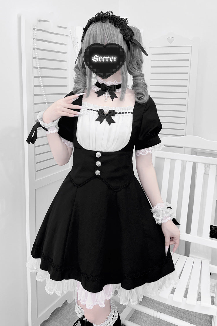 Monochrome Short Sleeve Ruffle Bow Cross Waist Maid Sweet Japanese Dress Set