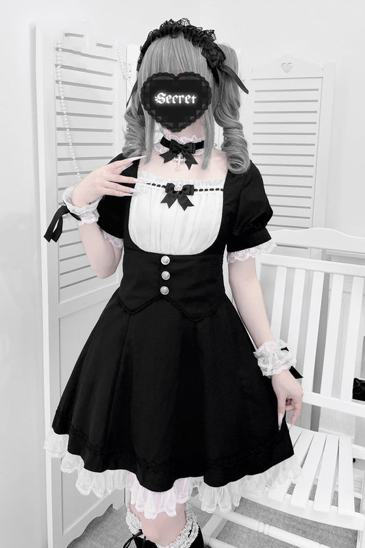 Monochrome Short Sleeve Ruffle Bow Cross Waist Maid Sweet Japanese Dress Set