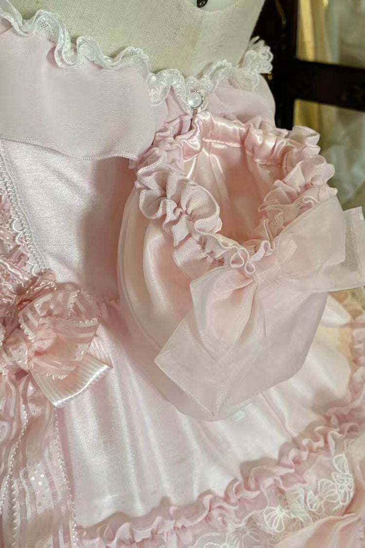 Pink [Spring Cherry Snowfall] Off Shoulder Short Sleeves Multi-Layered Ruffled Bow Sweet Lolita Jsk Dress