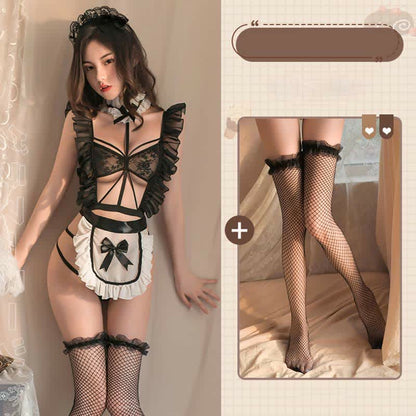 Ruffled Hollow Out Lace Up Apron Maid Lingerie Stockings Set