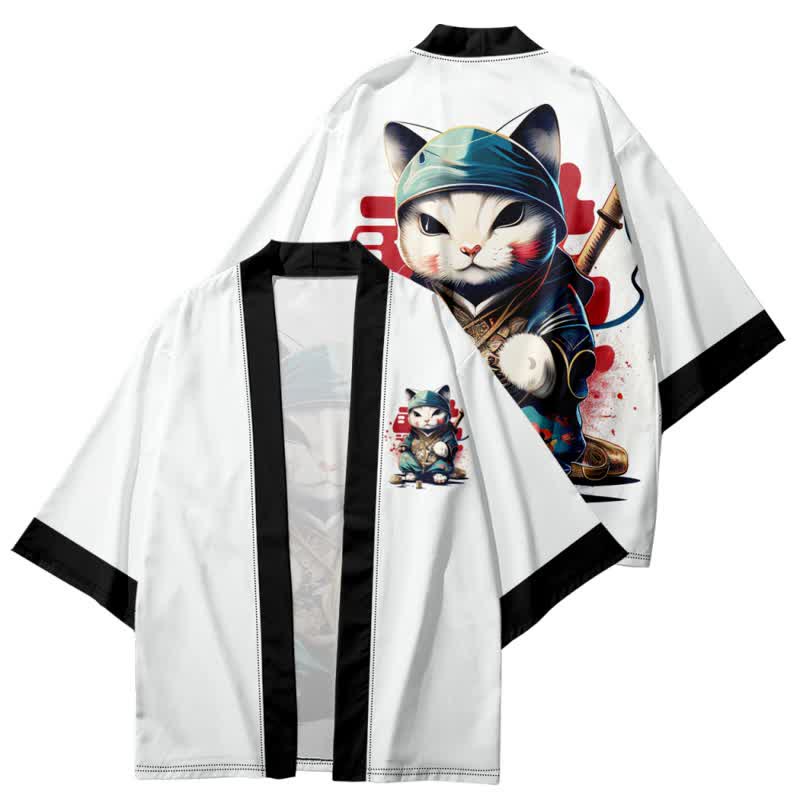 Cute Cat Warriors Print Cardigan Kimono Outerwear