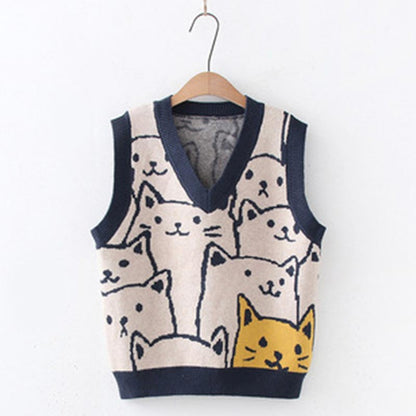 Cute Kitty Print Vest Lace Up Shirt Set