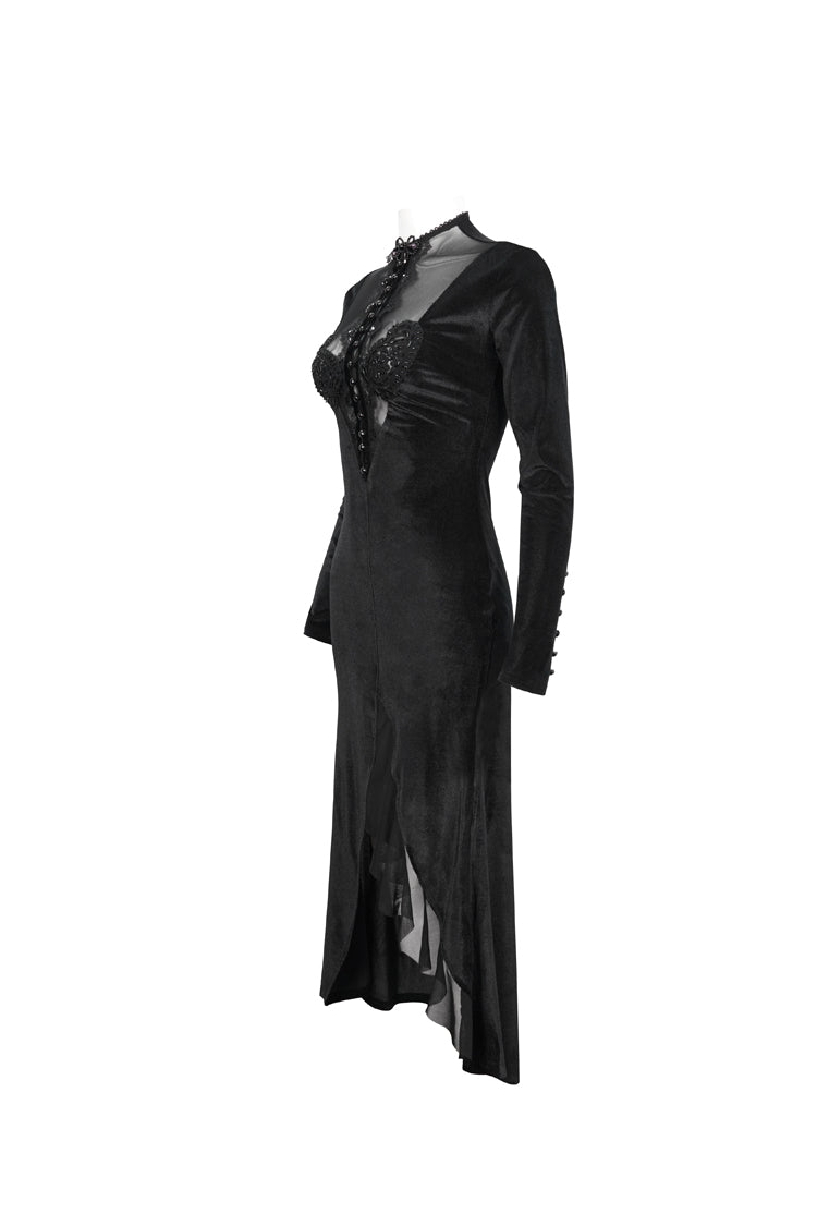 High Collar Paisley Lace Mesh Dress with Asymmetric Hem - Black Gothic